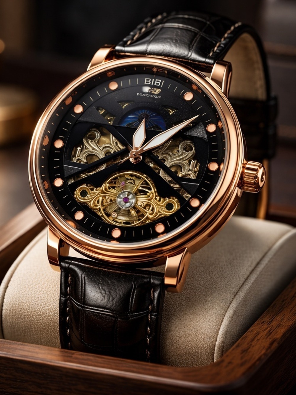 BIBI Rose Gold Skeleton Mechanical Watch with Black Leather Strap